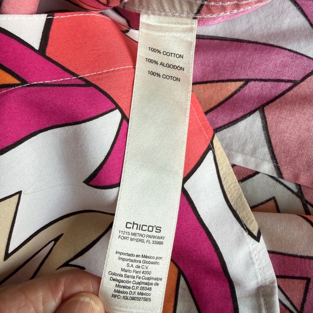 Chicos No-Iron Abstract Geometric Button Down Shirt Pink Orange 3/4 Sleeve 3 XL - Picture 12 of 12